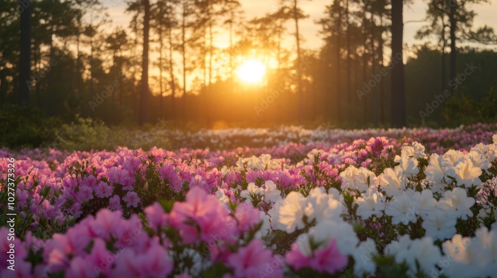 Obraz premium Pink and White Azalea Flowers Blooming in a Forest at Sunset