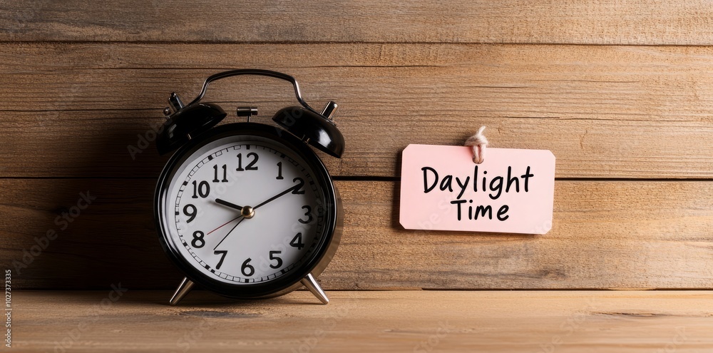 A black alarm clock positioned on a rustic wooden background, featuring a tag that reads A black alarm clock positioned on a rustic wooden background, featuring a tag that reads