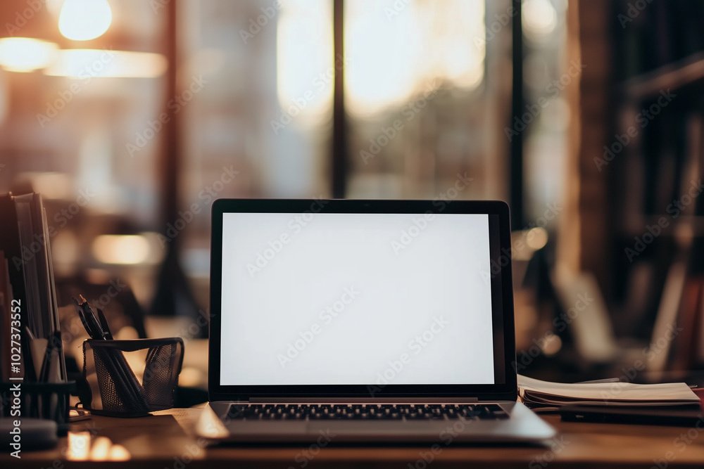 A blank white screen of an open laptop placed on the table in front view with a blurred background, a concept for displaying images or text. The scene is set against a blurry office interior backdrop. A blank white screen of an open laptop placed on the table in front view with a blurred background, a concept for displaying images or text. The scene is set against a blurry office interior backdrop.
