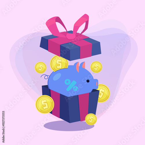 Gift box with piggy bank inside vector illustration. Gold coins with dollar symbol. Savings, bonus, loyalty program, finance, promotion concept. Can be used for banner or poster design