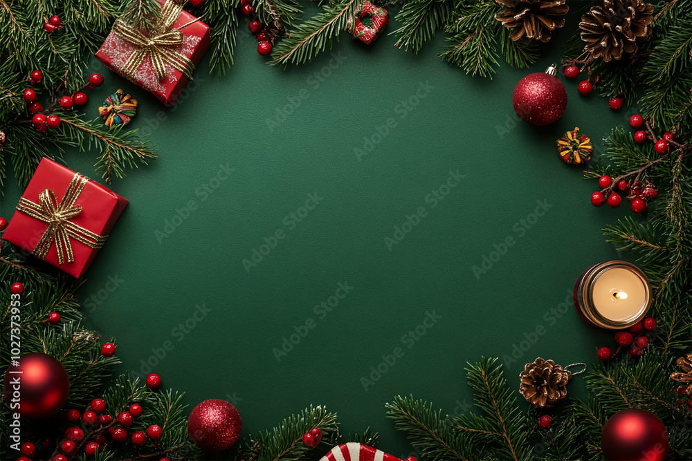 frame for Christmas banner on a green background. Christmas branches, decorations, gifts, decorated gifts, candies, canes, gingerbread. There is free space for text in the center frame for Christmas banner on a green background. Christmas branches, decorations, gifts, decorated gifts, candies, canes, gingerbread. There is free space for text in the center