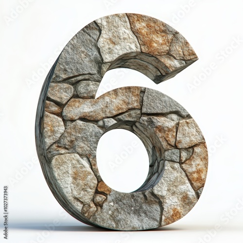 3D number 6 with stone texture realistic modern design, soft lighting, white background.