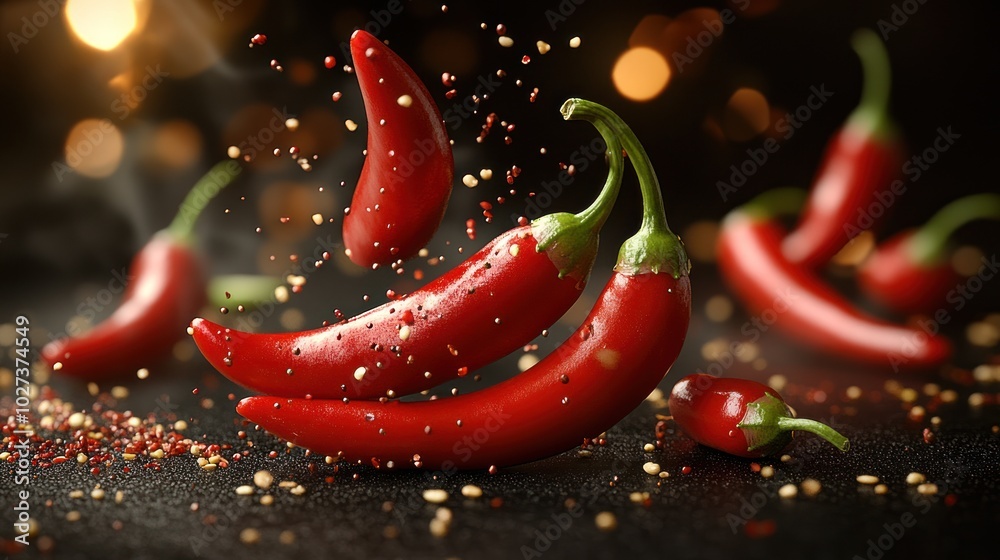 Chili peppers twirl in soft light, surrounded by a colorful spice cloud Chili peppers twirl in soft light, surrounded by a colorful spice cloud