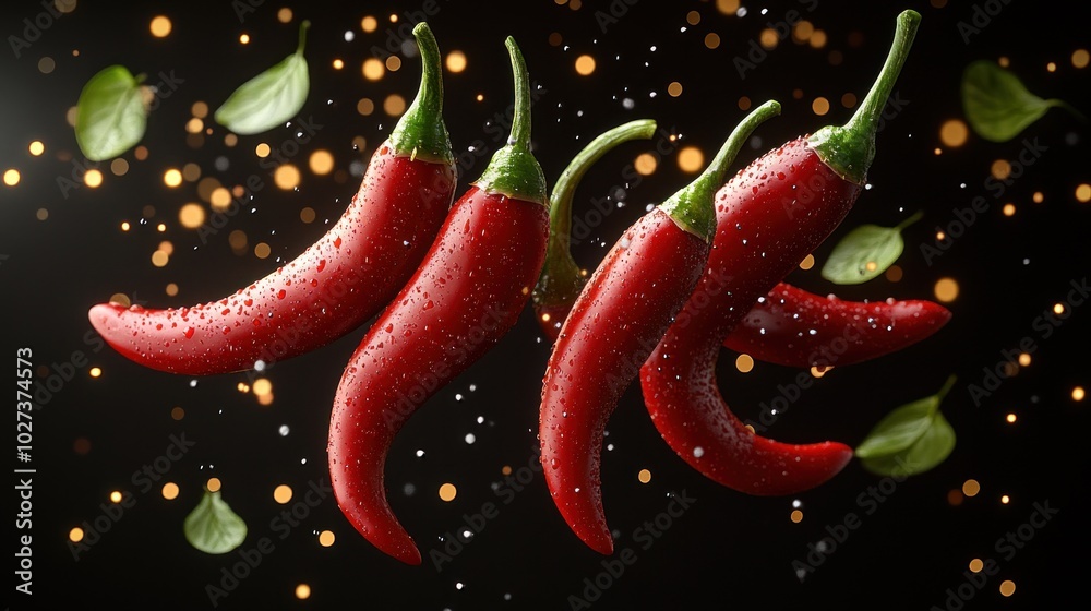Spicy red chilies and green leaves dance in a captivating display of color and texture Spicy red chilies and green leaves dance in a captivating display of color and texture