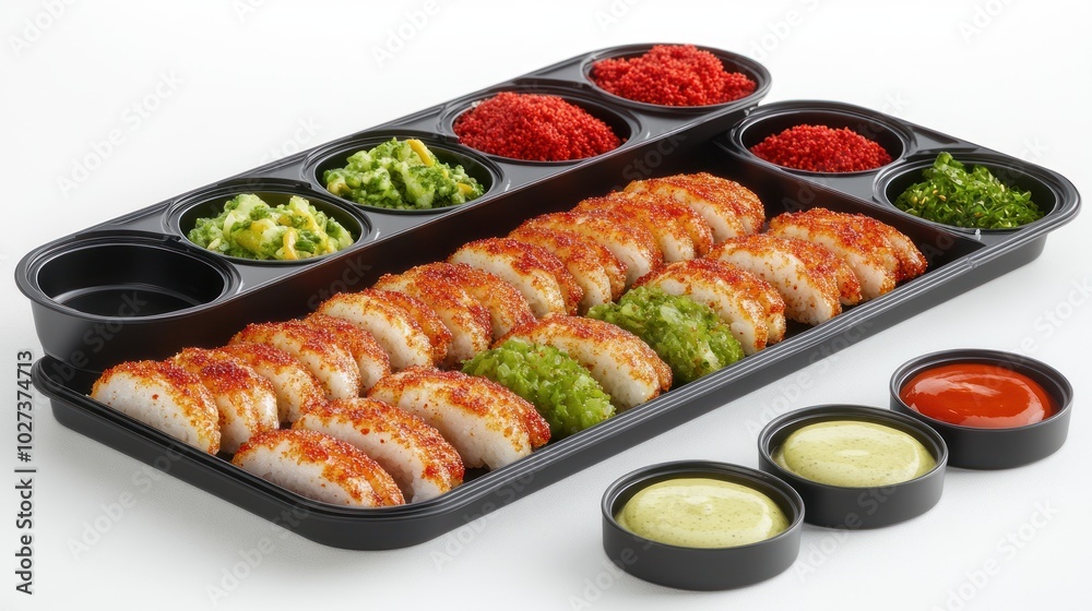 A vibrant platter showcases sushi rolls adorned with toppings and assorted sauces A vibrant platter showcases sushi rolls adorned with toppings and assorted sauces