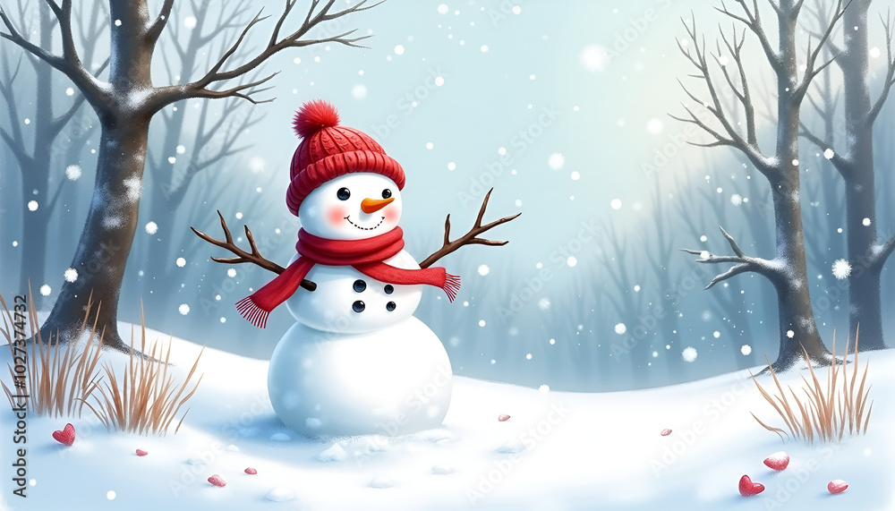 Adorable snowman wearing a red hat and scarf in a snowy forest setting
Adorable snowman wearing a red hat and scarf in a snowy forest setting