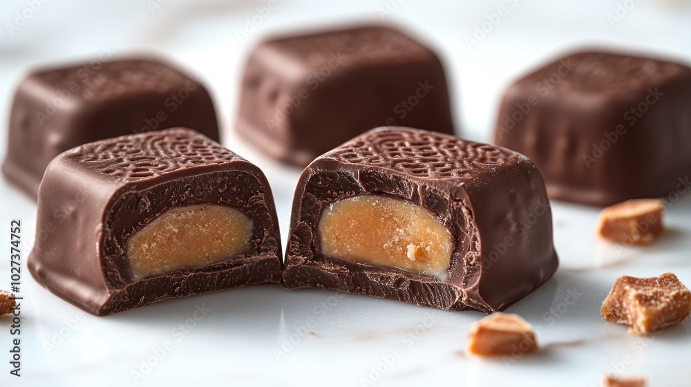 Delicious chocolate treats with a smooth caramel filling are artfully displayed on marble Delicious chocolate treats with a smooth caramel filling are artfully displayed on marble