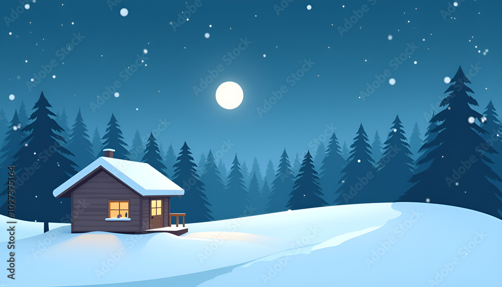 Cozy cabin in a snowy landscape under a full moon with falling snowflakes Cozy cabin in a snowy landscape under a full moon with falling snowflakes
