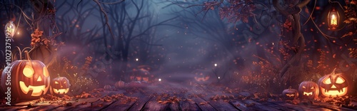 Halloween background wallpaper concept with empty space and Jack O Lantern pumpkin. Spooky, scary, dark Halloween landscape at night with bats. Happy Halloween!