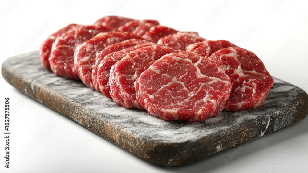 Succulent marbled beef rounds lie neatly on a textured surface, ready for preparation Succulent marbled beef rounds lie neatly on a textured surface, ready for preparation
