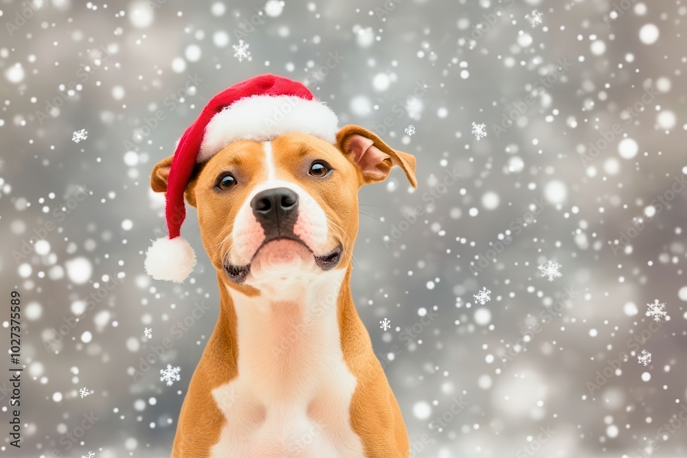 Happy dog in a Santa hat surrounded by falling snowflakes, festive and adorable holiday scene.