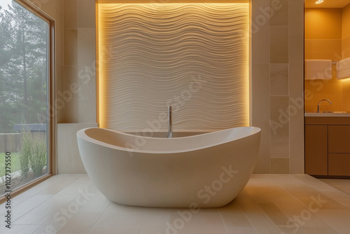 
Soothing bathroom with wave-patterned tile walls and floor, freestanding bathtub, and ambient lighting. Beige and gray tones with natural stone and wood create a serene, spa-like atmosphere.