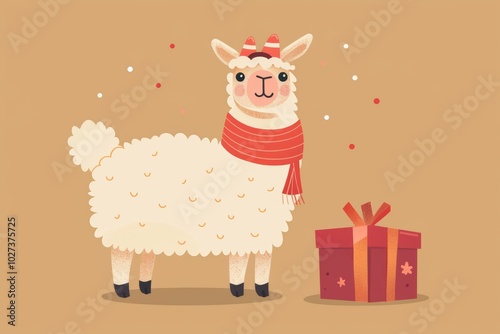 Festive llama with gift box and confetti background photo