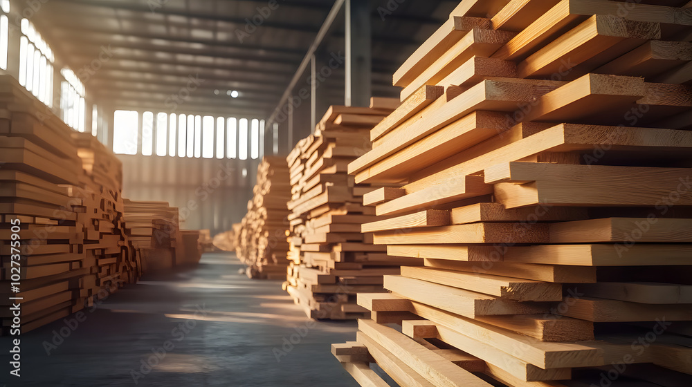 Stacked pine wood planks in a factory setting, showcasing the storage and organization of wooden materials - Concept of modern technology in timber processing and goods production Stacked pine wood planks in a factory setting, showcasing the storage and organization of wooden materials - Concept of modern technology in timber processing and goods production