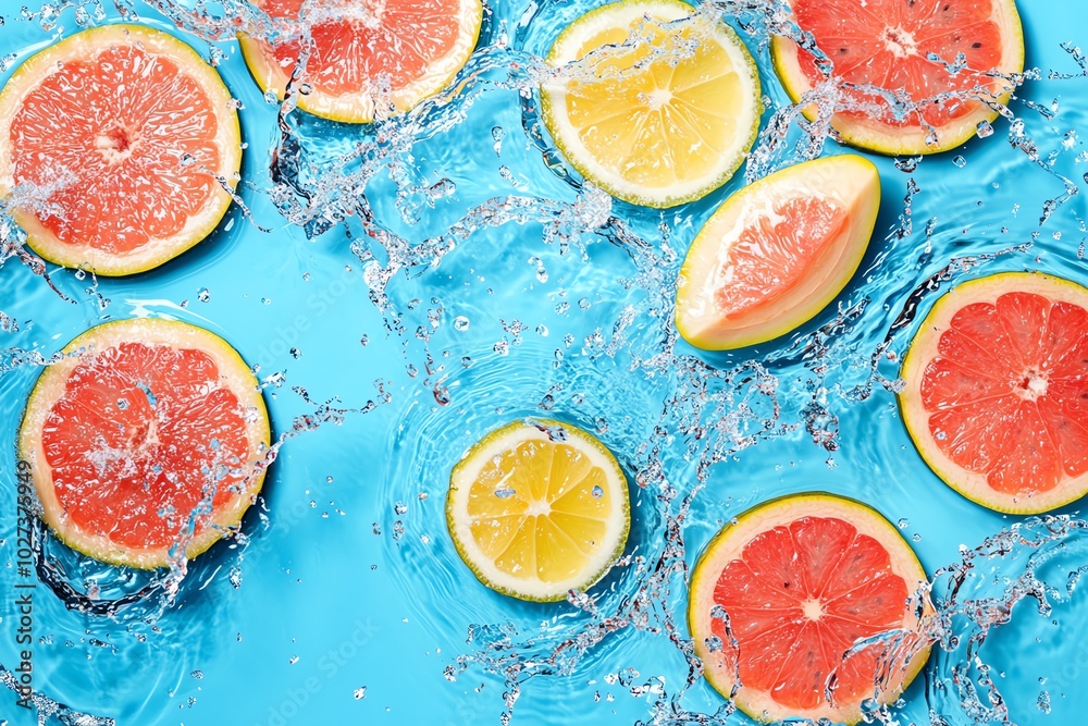 Fresh citrus slices splashing in water on a vibrant blue background, showcasing refreshing summer vibes and juicy fruit goodness. Fresh citrus slices splashing in water on a vibrant blue background, showcasing refreshing summer vibes and juicy fruit goodness.