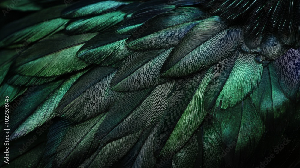 Fototapeta premium Close-up of Deep Green Bird Feathers with Iridescent Sheen