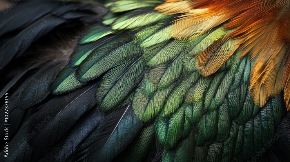 Obraz premium Close-up of Multicolored Bird Feathers with Green, Black, and Orange Tones