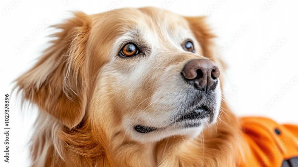 A golden retriever dressed in an orange coat looks contemplatively into the distance A golden retriever dressed in an orange coat looks contemplatively into the distance
