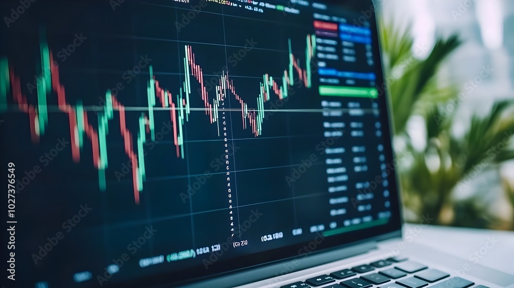 Modern Business Desk with Financial Documents and Market Trends on Laptop Modern Business Desk with Financial Documents and Market Trends on Laptop