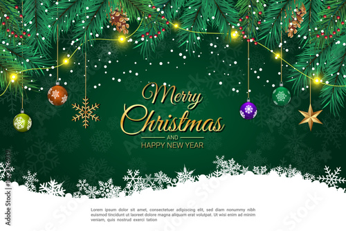 Christmas Greeting Card with Fir Garland and Ornaments on Green Background