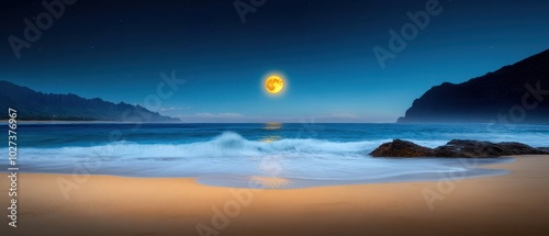 Peaceful Beach at Dusk with Majestic Mountain Range and Starry Night Sky
