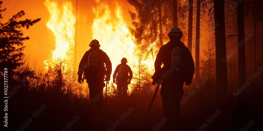 Fototapeta premium Heroic firefighters advance through a raging forest wildfire, silhouetted against towering flames and smoke as their bravery and teamwork drive them forward with purpose.