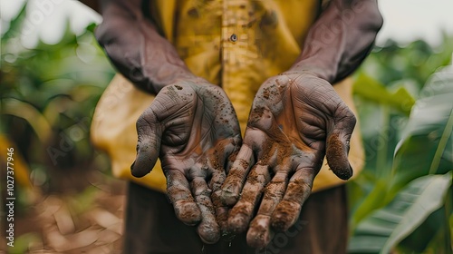 Portrait of an African farmer with weathered hands, showcasing years of hard work and dedication. 