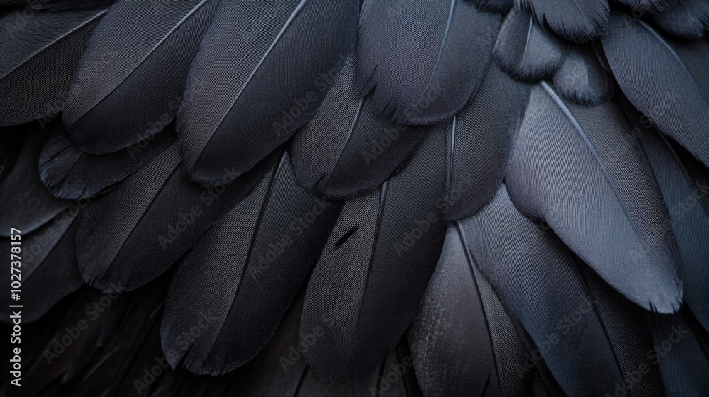 Close-up of overlapping black feathers with a smooth texture Close-up of overlapping black feathers with a smooth texture