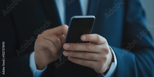 A businessman in formal attire uses a smartphone, his intense focus epitomizing modern connectivity, professionalism, and the ever-evolving world of corporate communication.