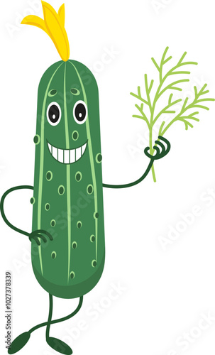 Cucumber smiles and holds a sprig of dill. Cucumber character. Pickled vegetable. Vector icon.	