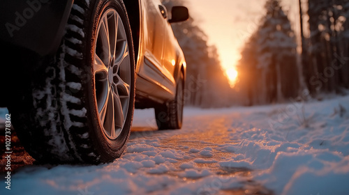 Wallpaper Mural Close-up of a car on snow against a winter road with a sunny day and a snow-covered forest in the distance Torontodigital.ca