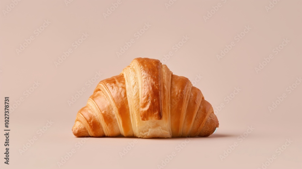 Golden buttery croissant on minimalist beige background for modern culinary aesthetic Golden buttery croissant on minimalist beige background for modern culinary aesthetic