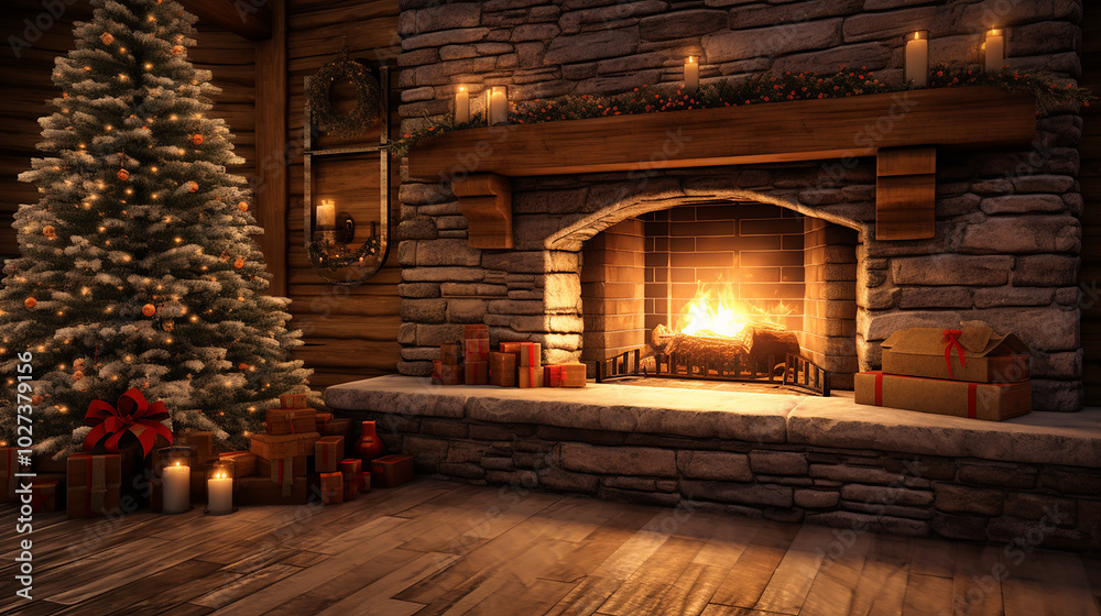 christmas decoration with fireplace in the house - Festive holiday home decor with Christmas tree and lights	