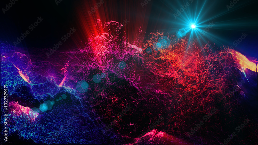 Landscape of a futuristic planet. Magic digital futuristic glowing energy particles.
Landscape of a futuristic planet. Magic digital futuristic glowing energy particles.