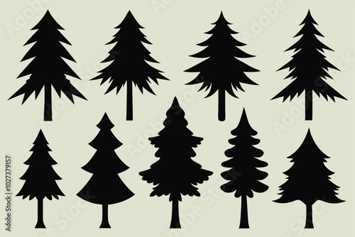 Set of collection of pine tree silhouettes. Various shapes of fir tree vector silhouettes