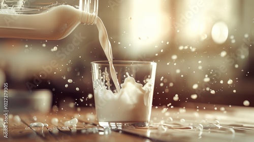 Captivating image of milk flowing from glass bottle to glass on rustic wooden surface