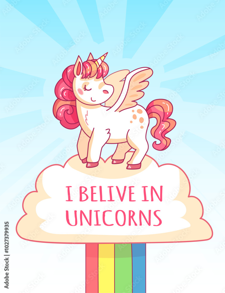 A whimsical unicorn with wings stands proudly on a cloud promoting the joyful message of believing in unicorns. The vibrant rainbow enhances its playful charm. A whimsical unicorn with wings stands proudly on a cloud promoting the joyful message of believing in unicorns. The vibrant rainbow enhances its playful charm.