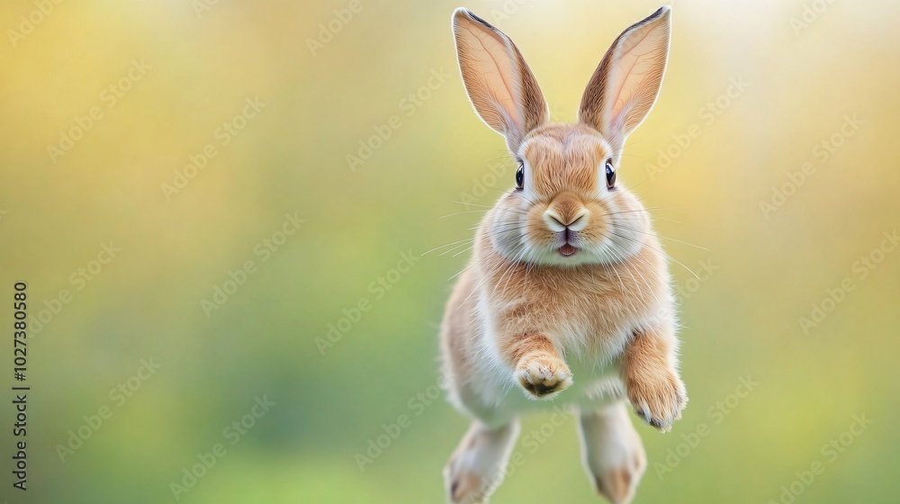 Fototapeta premium A cute bunny rabbit with big ears is mid-jump against a blurred green and yellow background.