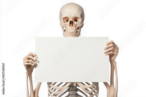 Skeleton holding a blank white sign