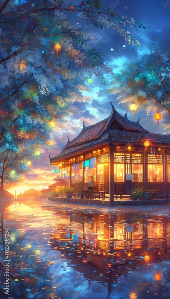Ancient Japanese pagoda stands tall against a vibrant sunset sky, a tranquil scene reflecting Asia's rich cultural heritage