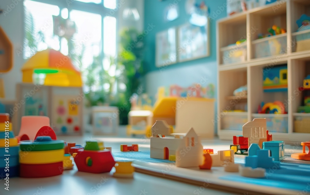 A detailed close-up view of a kindergarten game room interior, highlighting toys, activity corners, and fresh design elements in the newly opened space
