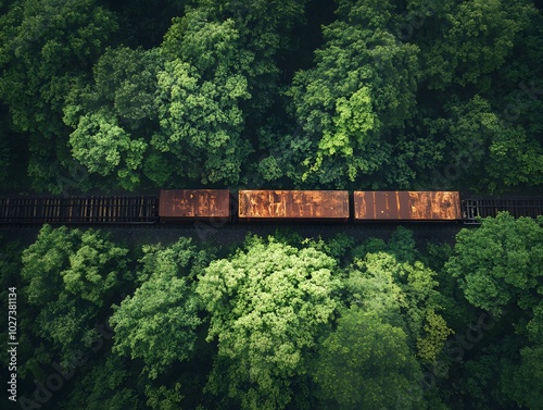 Aerial view of a rusty train traveling through a lush green forest, showcasing nature's beauty intertwined with industry. photo