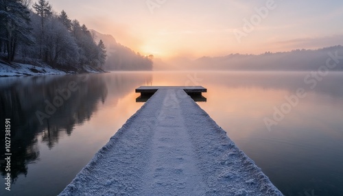 Serene winter sunrise over a frozen lake with wooden pier, tranquil landscape