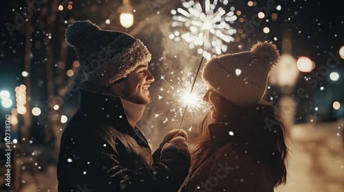 A joyful couple holds sparklers, smiling at each other, surrounded by twinkling lights as they welcome the New Year with warmth and happiness during a winter night