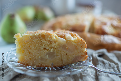 French pear tart or pie with fresh pear fruits photo