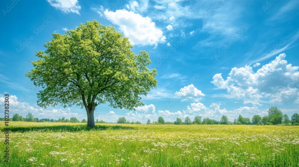 A Lone Tree Stands Tall in a Field of Wildflowers Under a Blue Sky