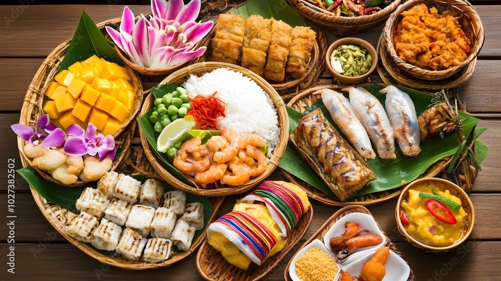 Fototapeta premium Overhead View of a Sumptuous Traditional Thai Feast with Green Curry and Mango Sticky Rice