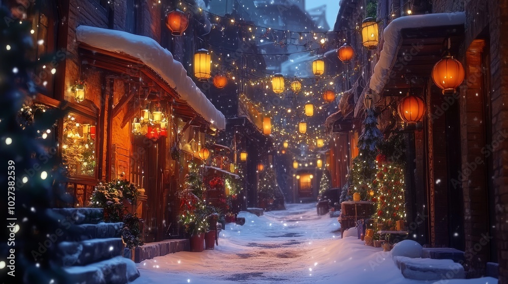 A charming alleyway covered in snow, with glowing Christmas lanterns hanging overhead. A charming alleyway covered in snow, with glowing Christmas lanterns hanging overhead.