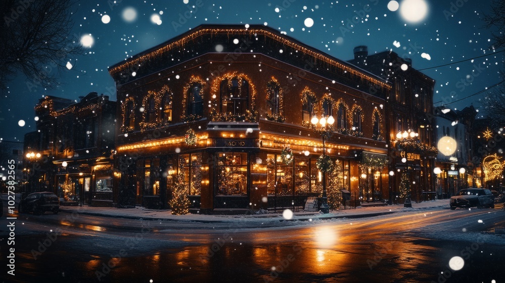 A Christmas-decorated building with twinkling lights, as gentle snowflakes fall in the calm night. A Christmas-decorated building with twinkling lights, as gentle snowflakes fall in the calm night.