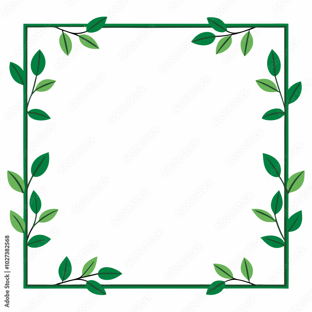 A square frame decorated with green leaves and vines surrounds an empty white space A square frame decorated with green leaves and vines surrounds an empty white space